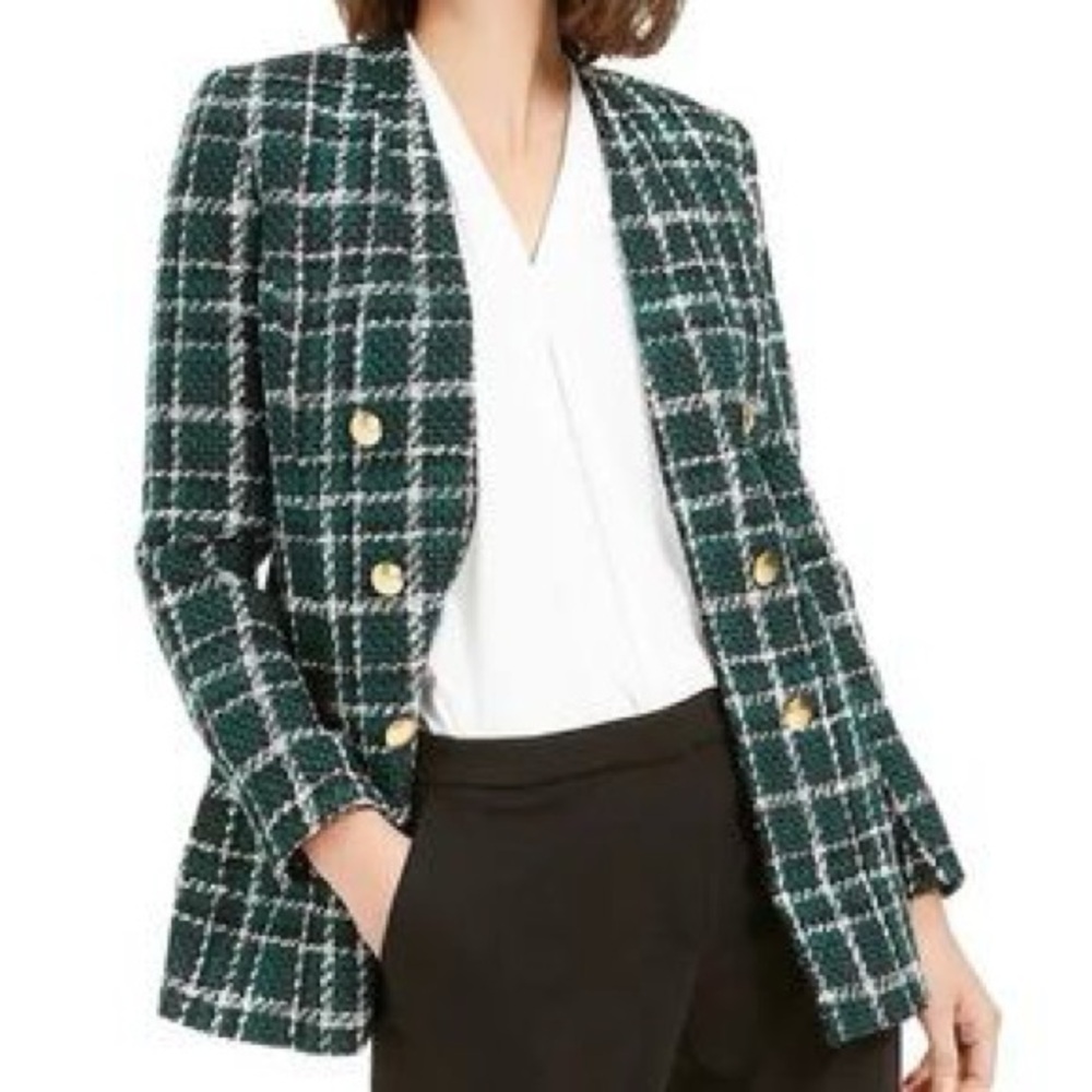 Bar III Green Plaid Double-Breasted Tweed Blazer with Gold Buttons Small